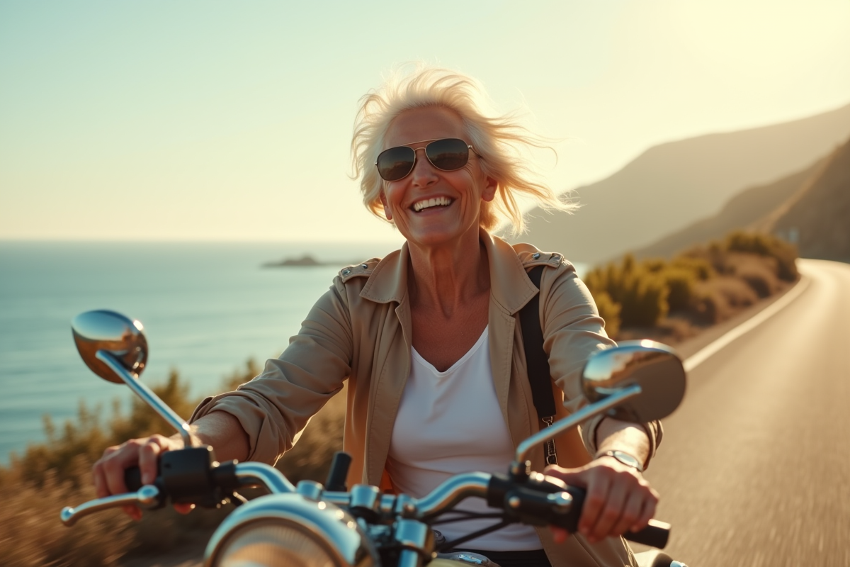 Femme senior roulant en moto classique sur la côte ensoleillée