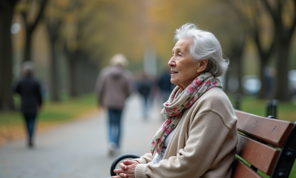 Femme âgée assise sur un banc dans un parc urbain