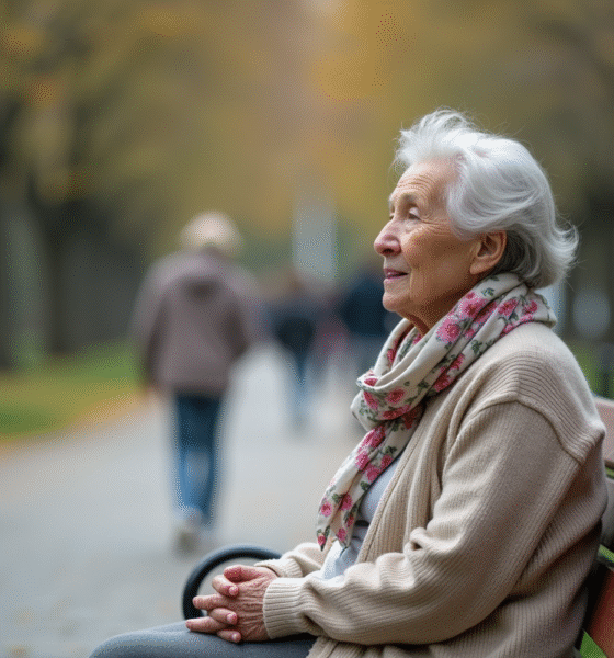 Femme âgée assise sur un banc dans un parc urbain