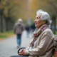 Femme âgée assise sur un banc dans un parc urbain