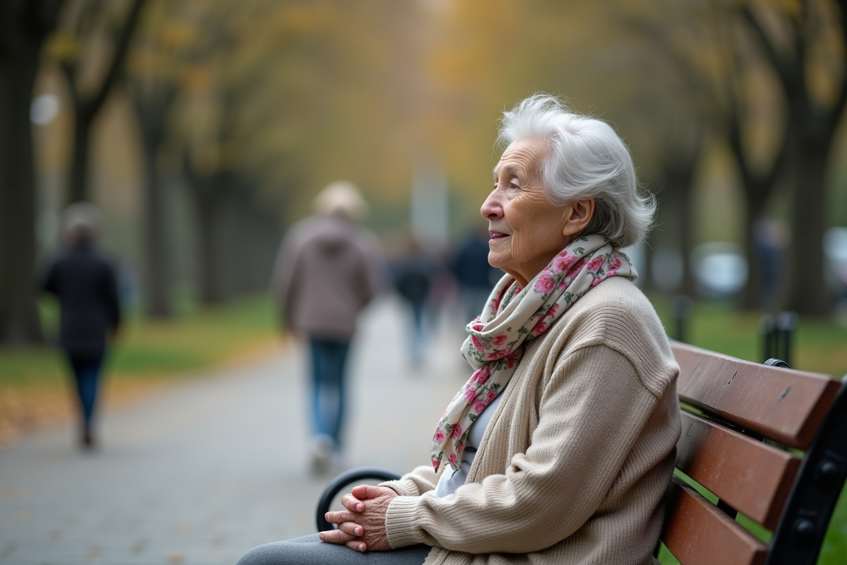Femme âgée assise sur un banc dans un parc urbain