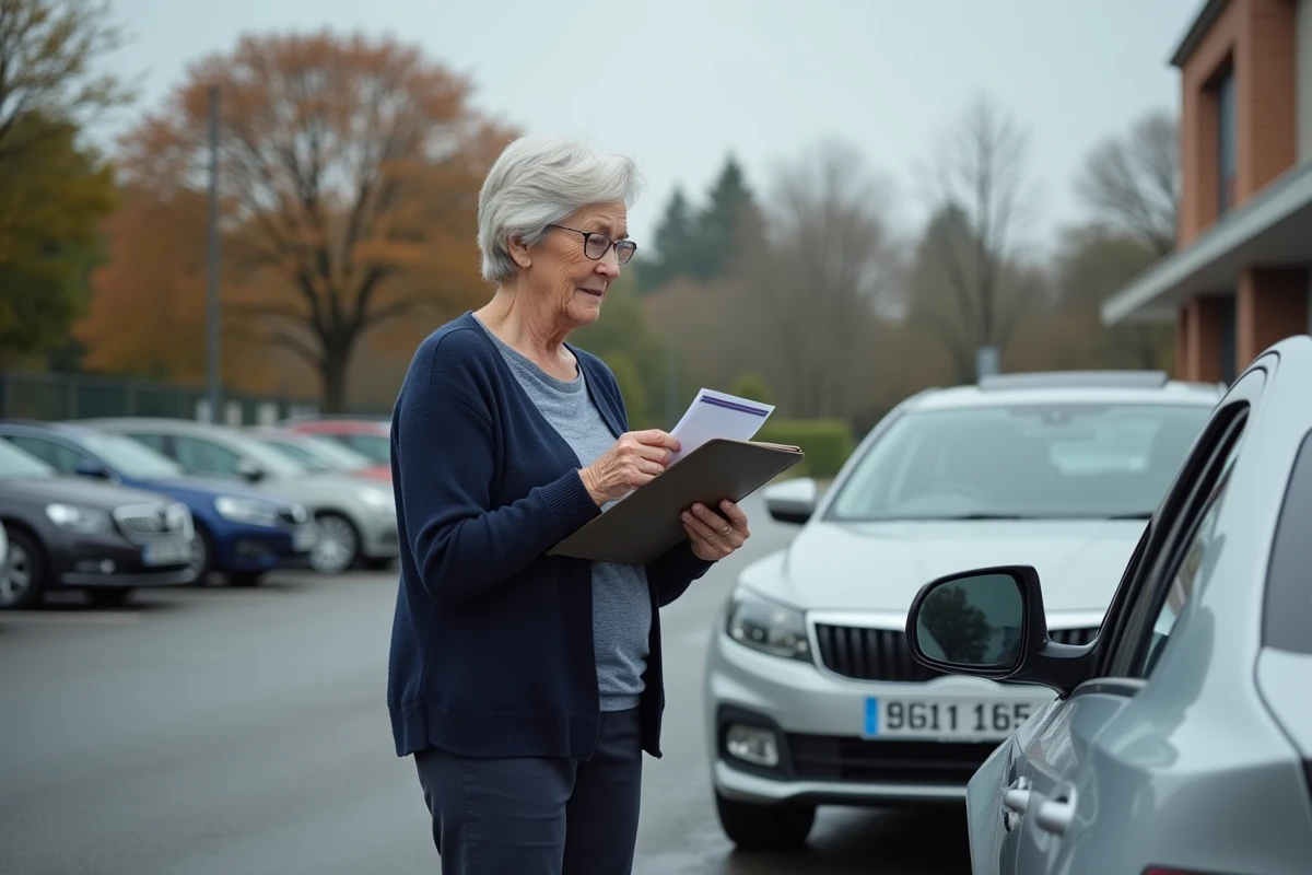 Une femme senior de plus de 70 ans tenant son permis de conduire et ses documents médicaux près de sa voiture dans un parking