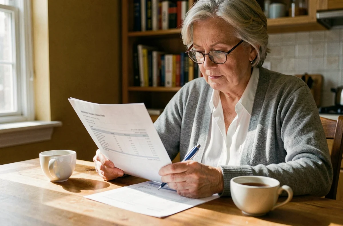 Femme senior consultant son relevé de points Agirc-Arrco à la maison