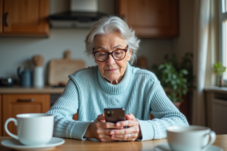 Femme senior utilisant son smartphone dans la cuisine chaleureuse