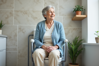 Femme senior assise sur un toilette surélevé dans une salle de bain moderne