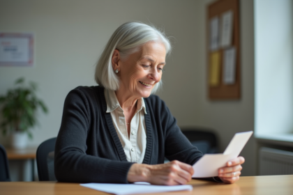 Femme d'âge moyen tenant sa carte Améthyste dans un bureau social