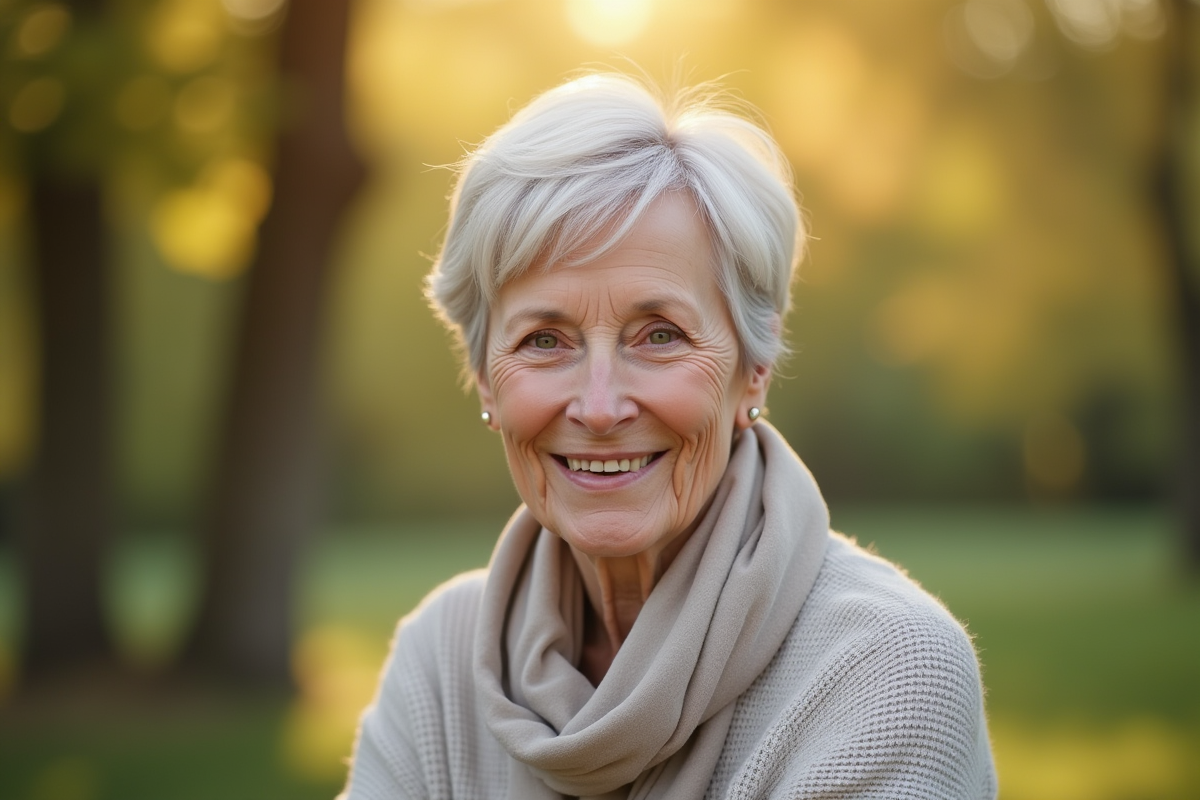 Femme de 70 ans avec coupe courte et chic en extérieur