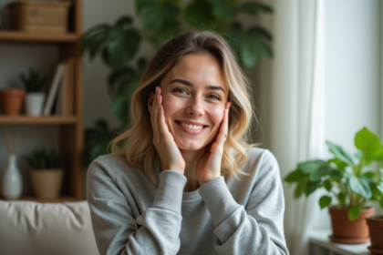 Femme souriante se massant le visage dans un intérieur apaisant