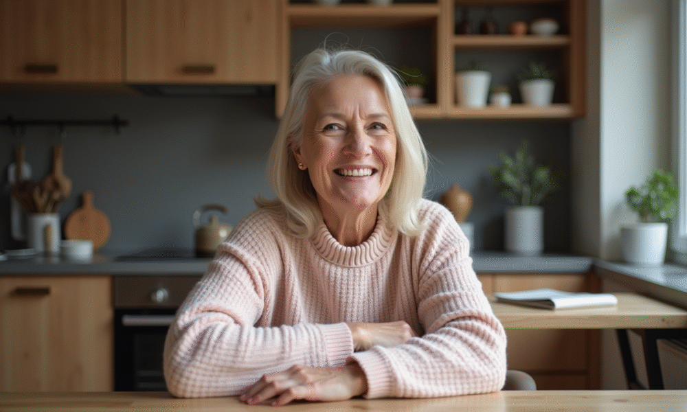 Femme souriante en pull pastel dans une cuisine chaleureuse