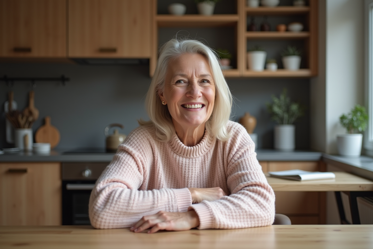 Femme souriante en pull pastel dans une cuisine chaleureuse