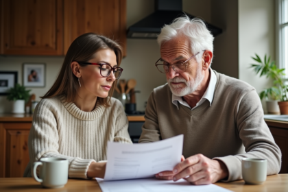 Femme expliquant des papiers à son père âgé à la maison