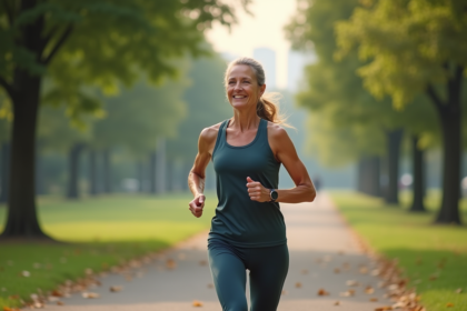 Femme senior en jogging dans un parc verdoyant