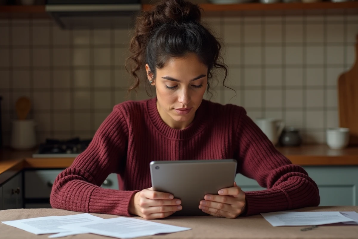 Femme consultant l'espace personnel Carsat Strasbourg sur une tablette dans une cuisine