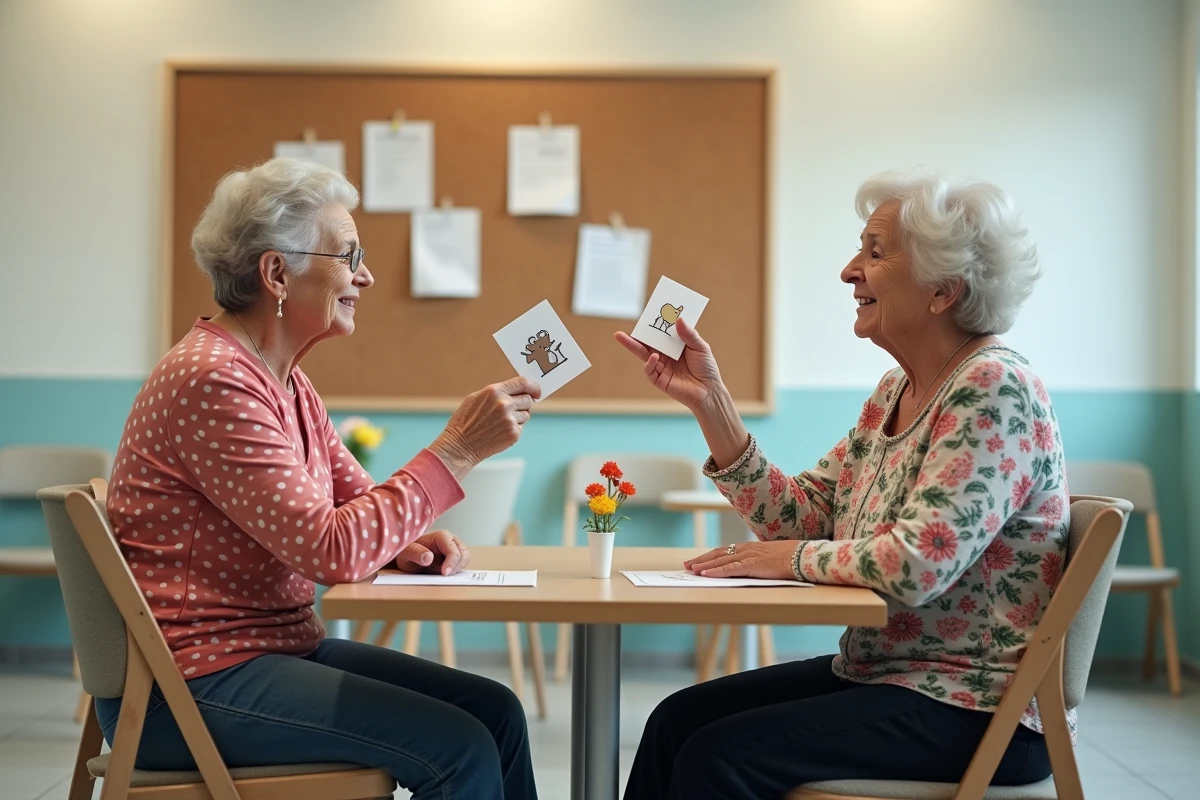 Deux femmes âgées jouant à un jeu oral avec des cartes illustrées dans une salle communautaire