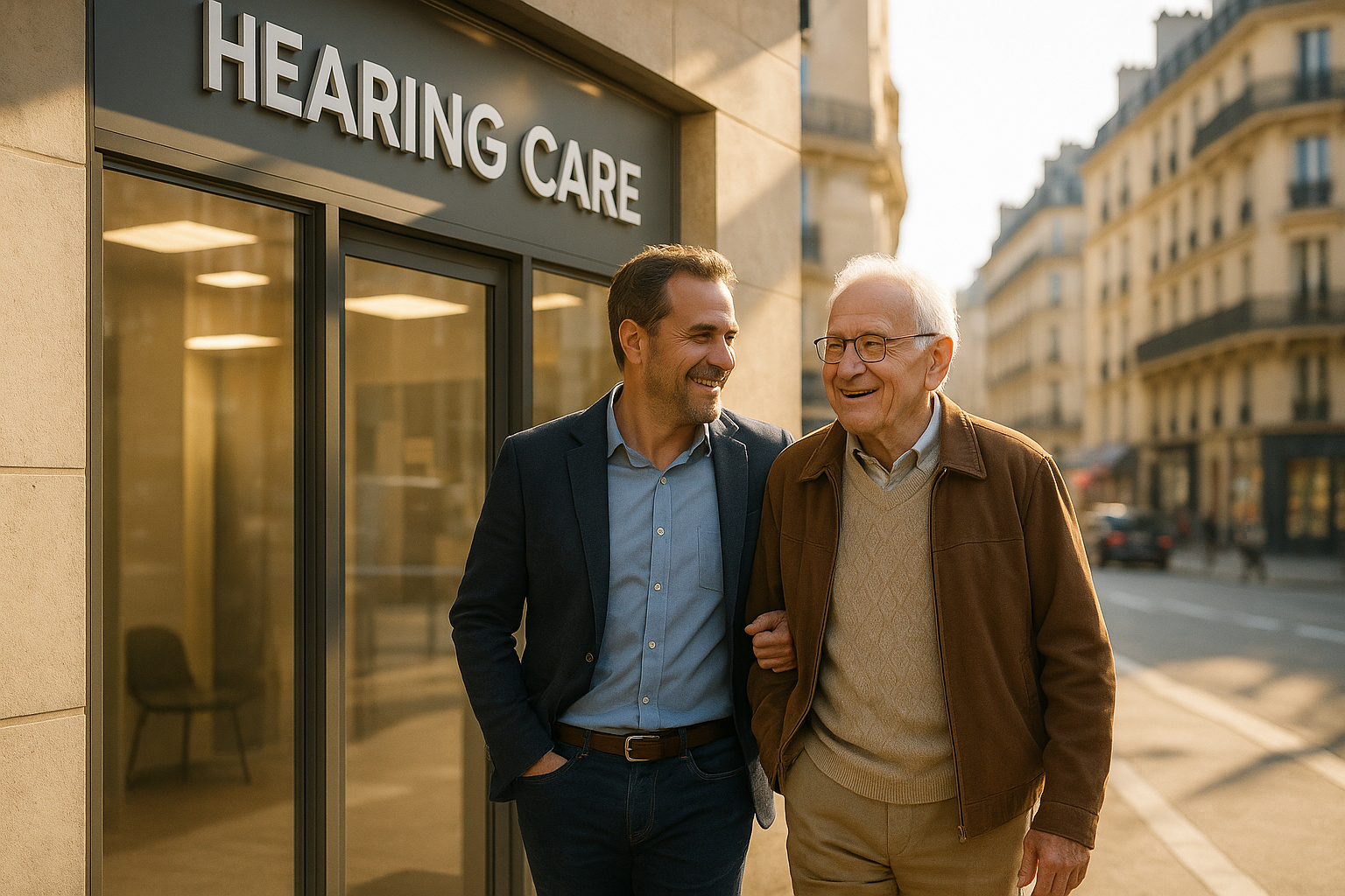 Fils et son pere age dehors devant un centre auditif a la banlieue de Paris