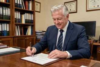 Fonctionnaire en fin de carrière signant sa lettre de départ à la retraite dans un bureau administratif