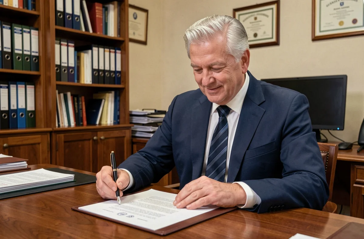 Fonctionnaire en fin de carrière signant sa lettre de départ à la retraite dans un bureau administratif