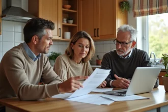 Fratrie réunie autour d'une table pour discuter du paiement de la maison de retraite de leur parent