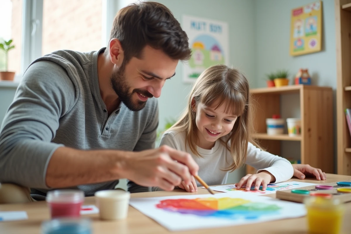 Garde d'enfant professionnel aidant une fillette à peindre dans une salle de jeux colorée à domicile