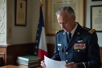 Gendarme en uniforme consultant des documents de retraite dans un bureau de gendarmerie