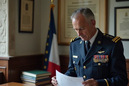 Gendarme en uniforme consultant des documents de retraite dans un bureau de gendarmerie