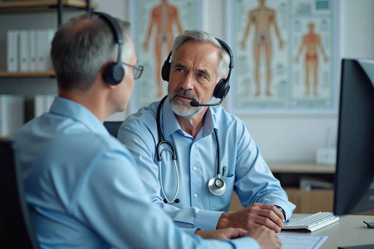 Médecin gériatre en téléconsultation évaluant les scores ADL sur ordinateur dans un cabinet médical