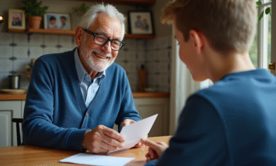 Grand-pere souriant donnant une enveloppe a son petit-fils