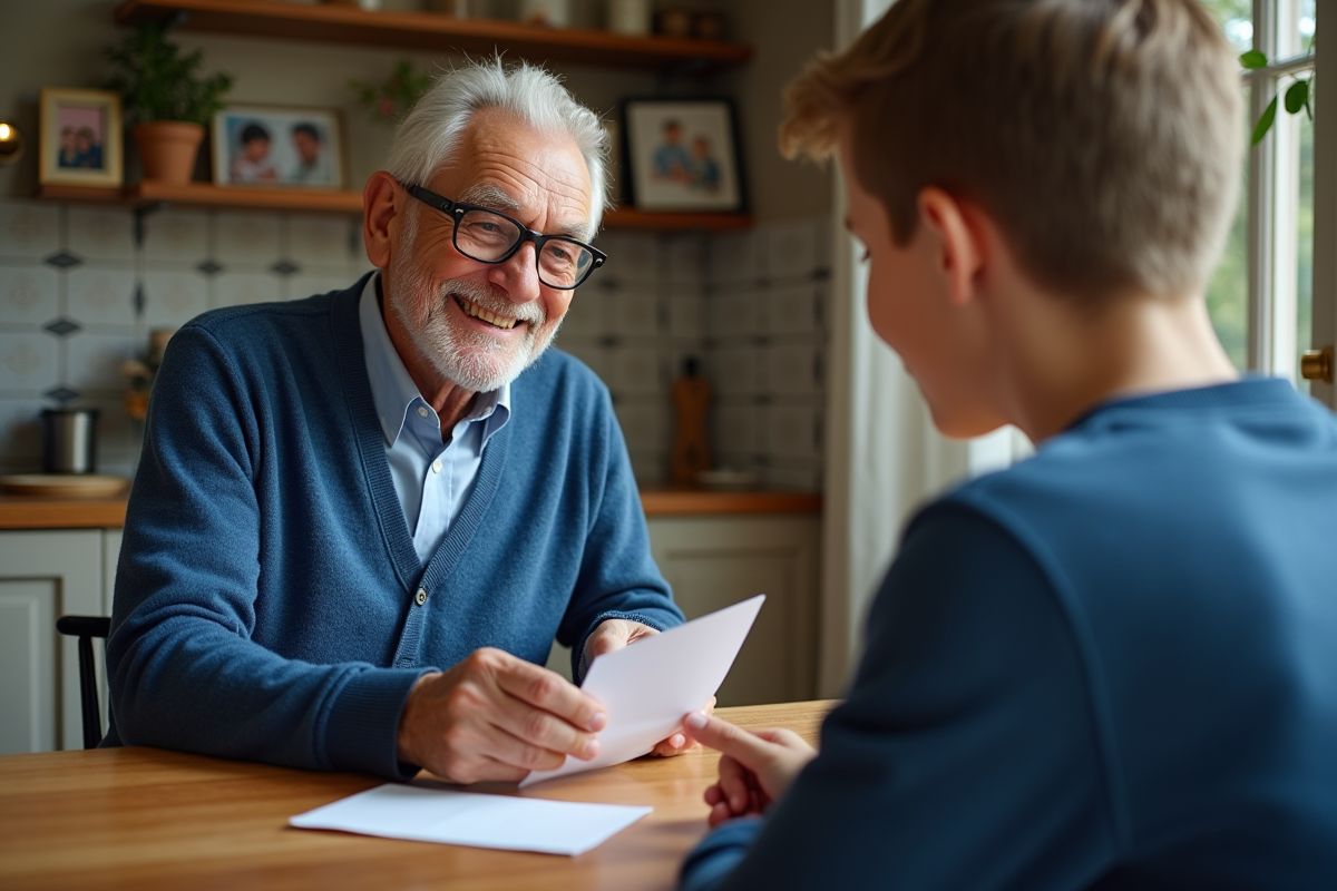 Grand-pere souriant donnant une enveloppe a son petit-fils