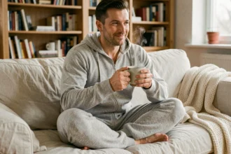 Homme adulte en grenouillère grise moelleuse assis sur un canapé en lin avec une tasse de café, ambiance cocooning maison