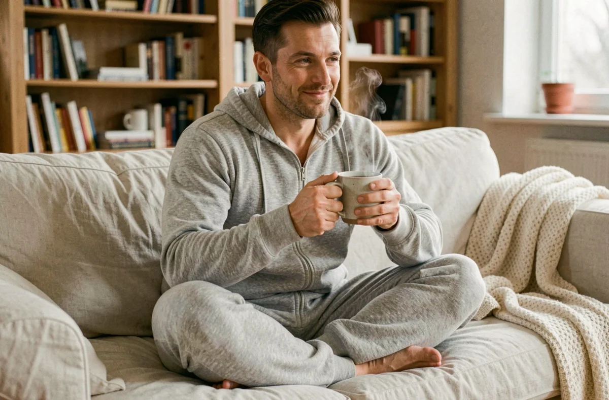 Homme adulte en grenouillère grise moelleuse assis sur un canapé en lin avec une tasse de café, ambiance cocooning maison