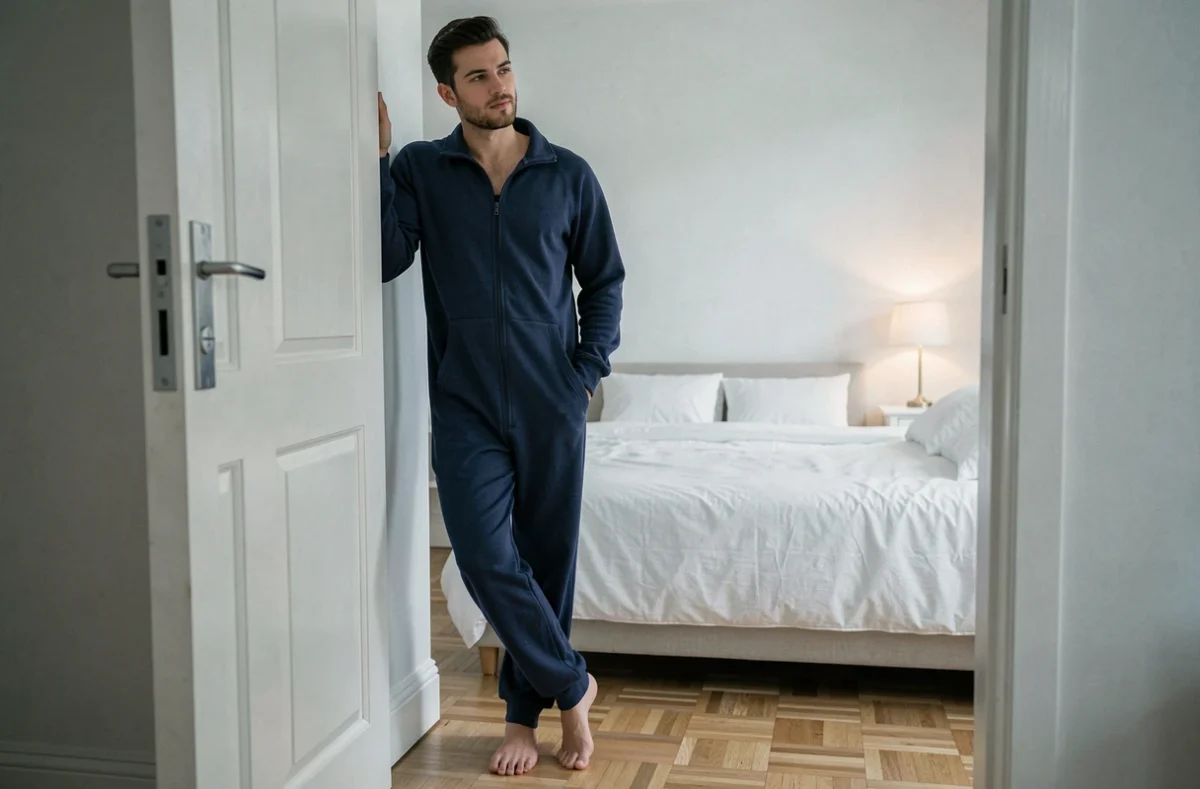 Homme en grenouillère bleue marine appuyé contre un chambranle de porte dans une chambre minimaliste, confort de nuit masculin