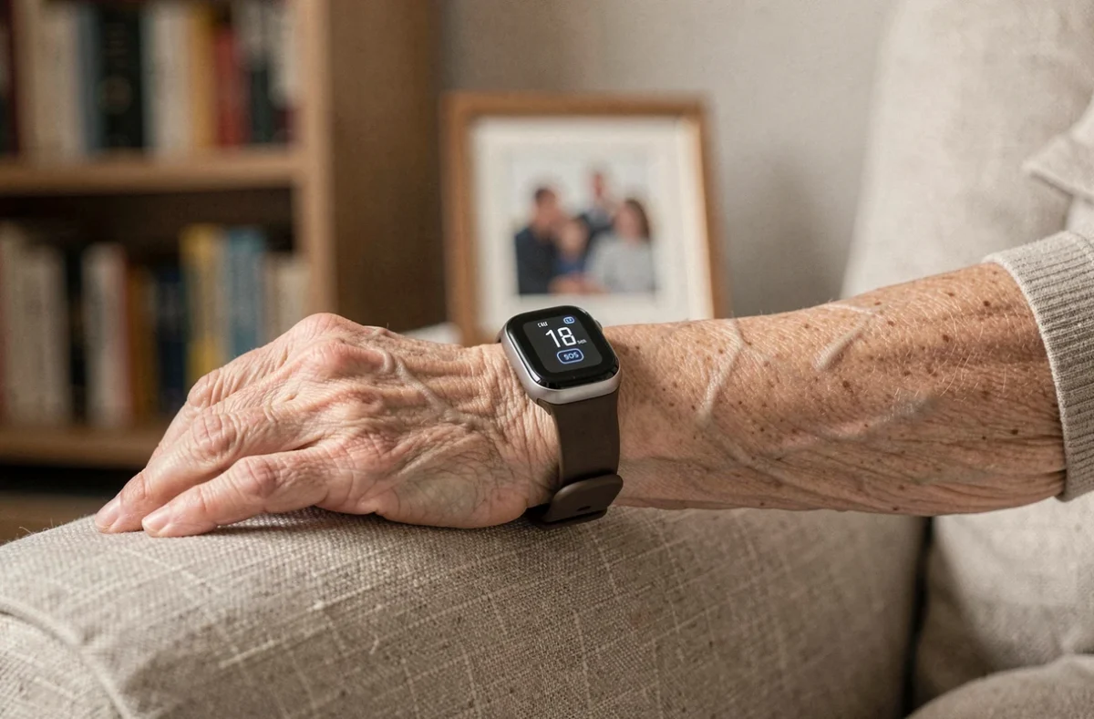 Gros plan d'une montre d'alerte médicale portée par une personne âgée atteinte d'Alzheimer dans un salon