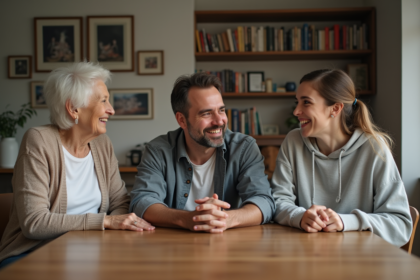 Trois générations autour d'une table en famille chaleureuse