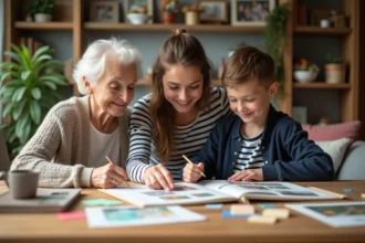 Groupe de trois générations autour d'un scrapbook chaleureux