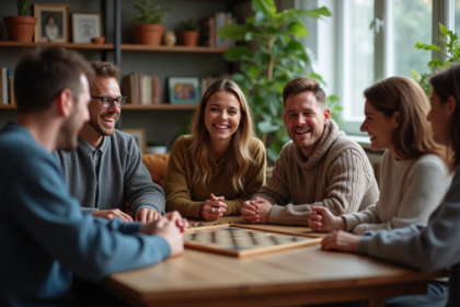 Groupe d'adultes jouant à des jeux de société dans un salon chaleureux