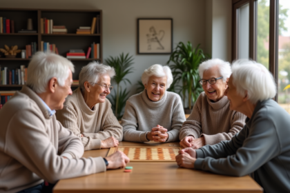 Groupe de seniors jouant à un jeu de société dans un centre convivial
