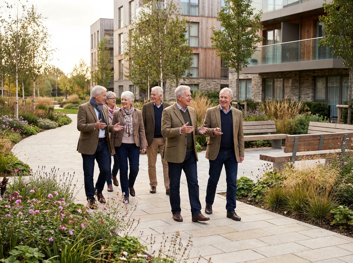 Groupe de seniors se promenant dans un jardin moderne