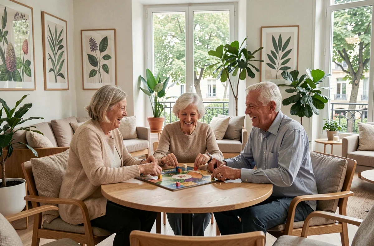 Groupe de résidents seniors jouant à un jeu de société dans le salon commun des Hespérides Auteuil Chardon-Lagache à Paris
