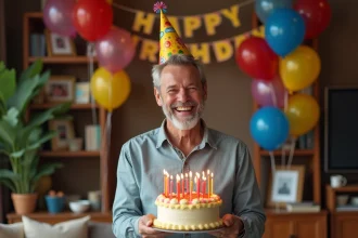 Homme de 60 ans souriant avec chapeau de fête et gâteau d'anniversaire dans un salon décoré de ballons colorés