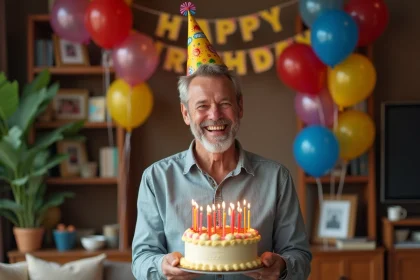 Homme de 60 ans souriant avec chapeau de fête et gâteau d'anniversaire dans un salon décoré de ballons colorés