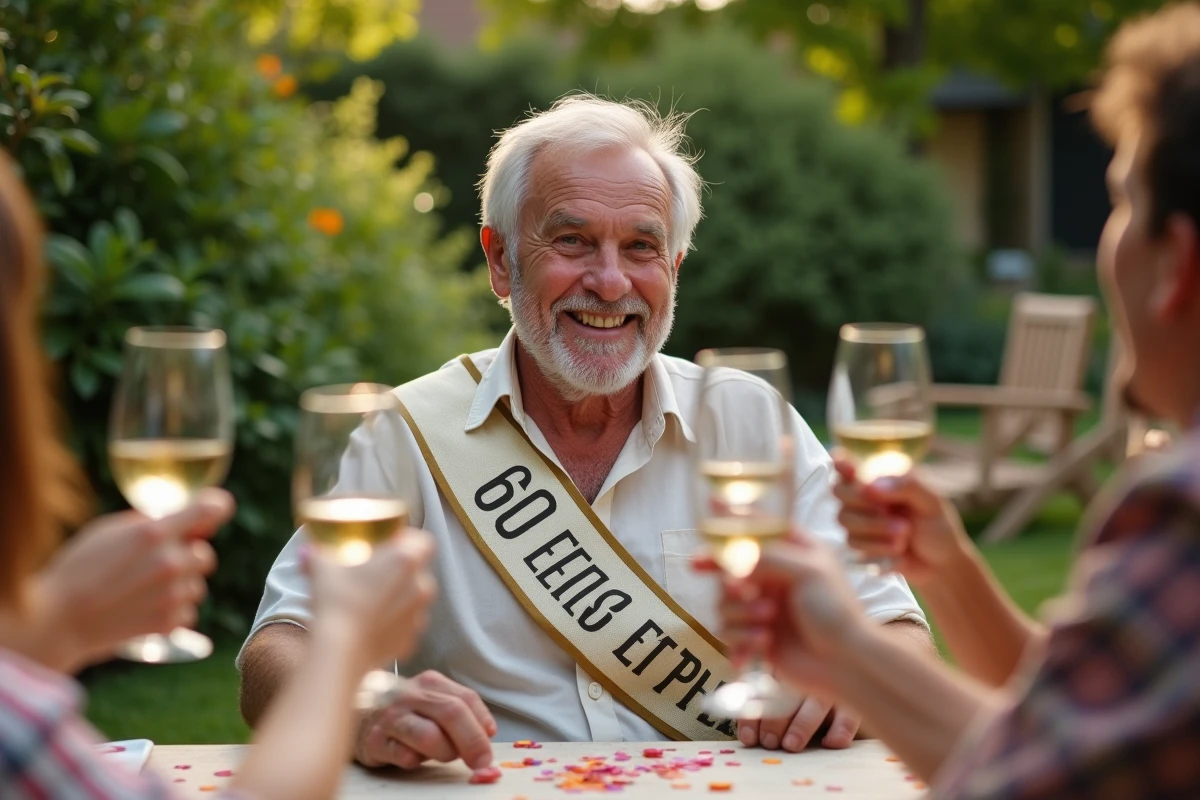 Homme de 60 ans portant une écharpe humoristique d'anniversaire entouré d'amis trinquant dans un jardin