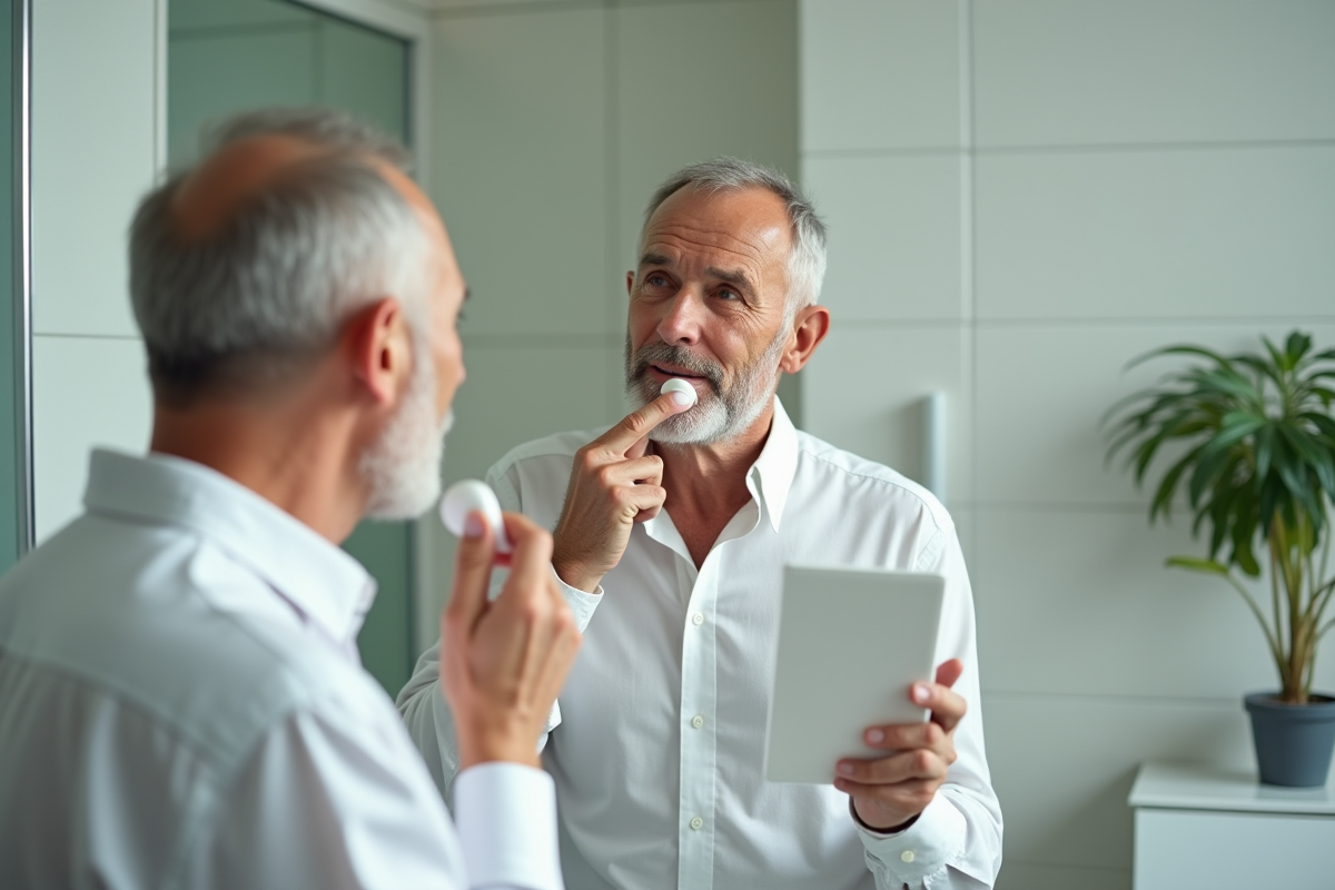 Homme de 65 ans appliquant une crème sur la lèvre dans une salle de bain lumineuse