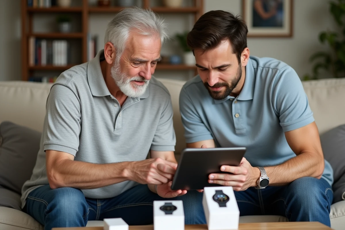Un homme âgé et son fils comparant des montres connectées pour personnes âgées dans le salon