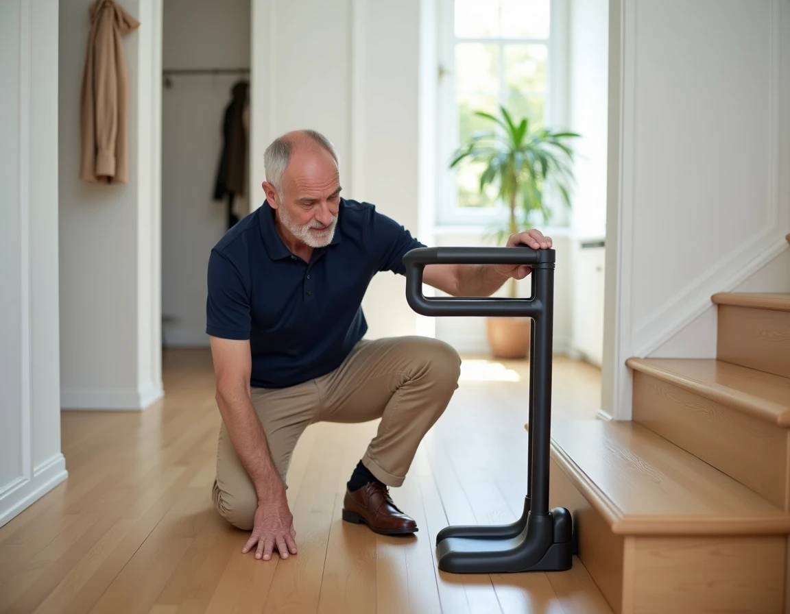 Homme aidant inspectant un dispositif monte-escalier sans installation au bas d'un escalier moderne
