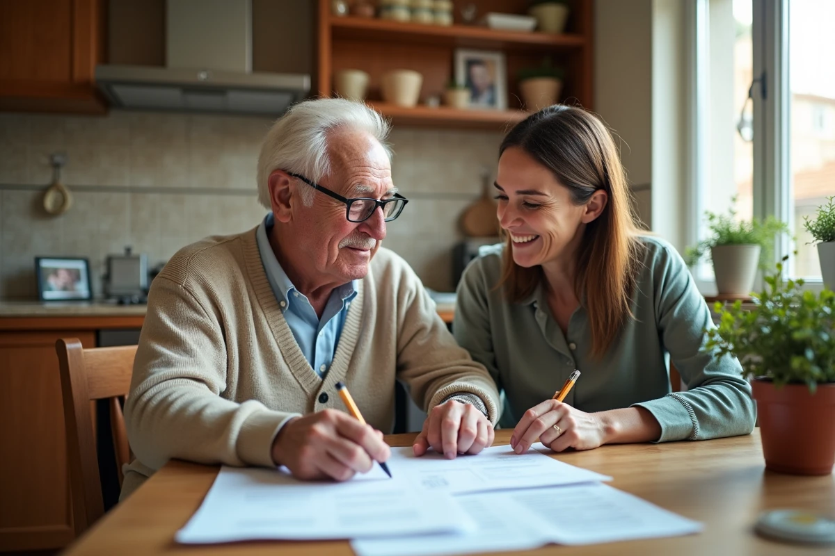Homme âgé avec assistante sociale dans une cuisine chaleureuse
