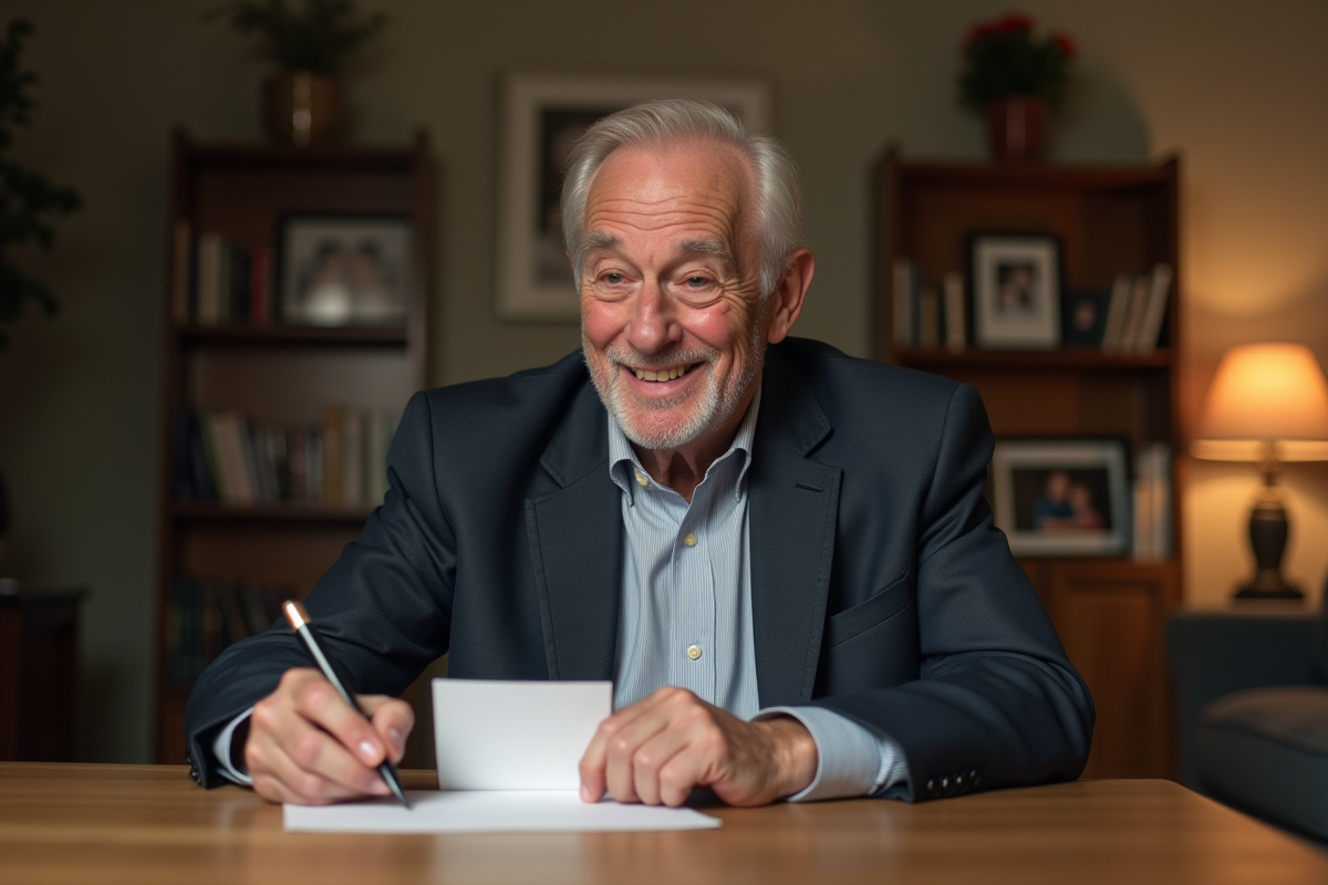 Homme âgé écrivant une carte de remerciement dans un intérieur chaleureux