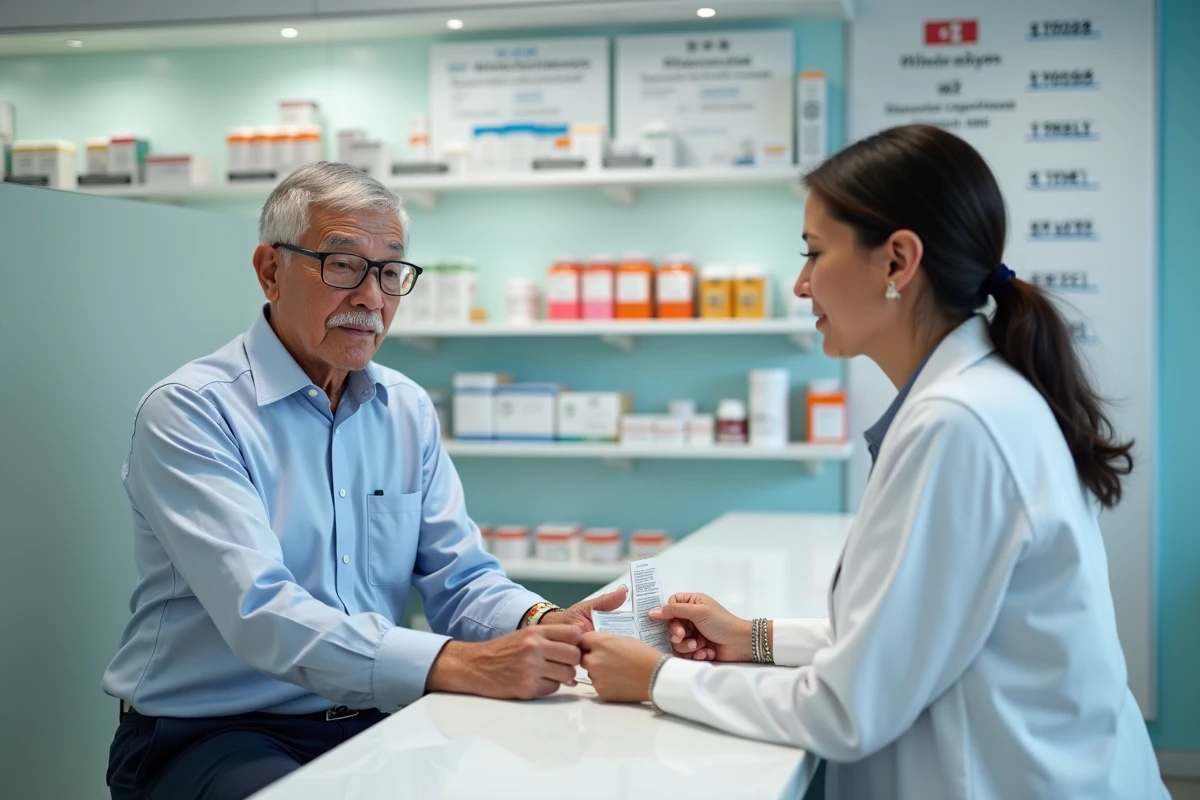 Homme âgé discutant avec un pharmacien au comptoir moderne