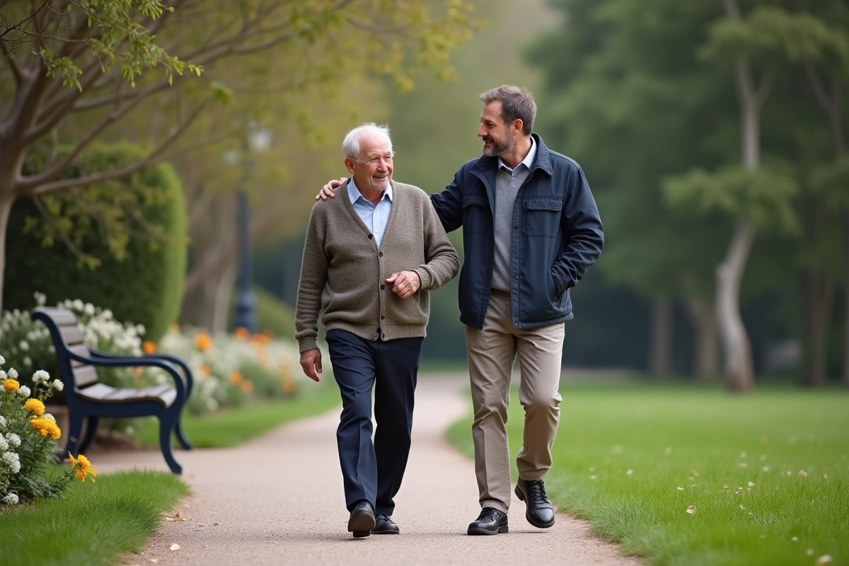 Homme âgé et aidant marchant dans un parc paisible