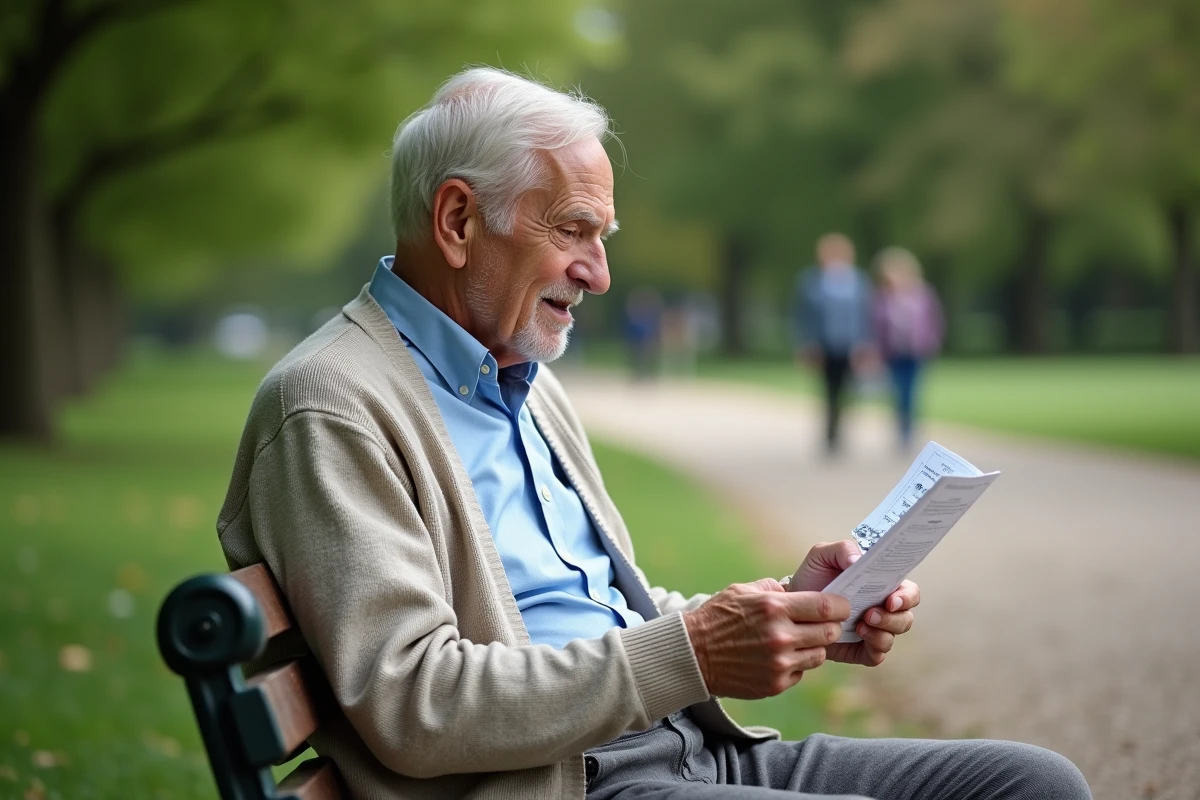 Homme âgé lisant un dépliant dans un parc verdoyant