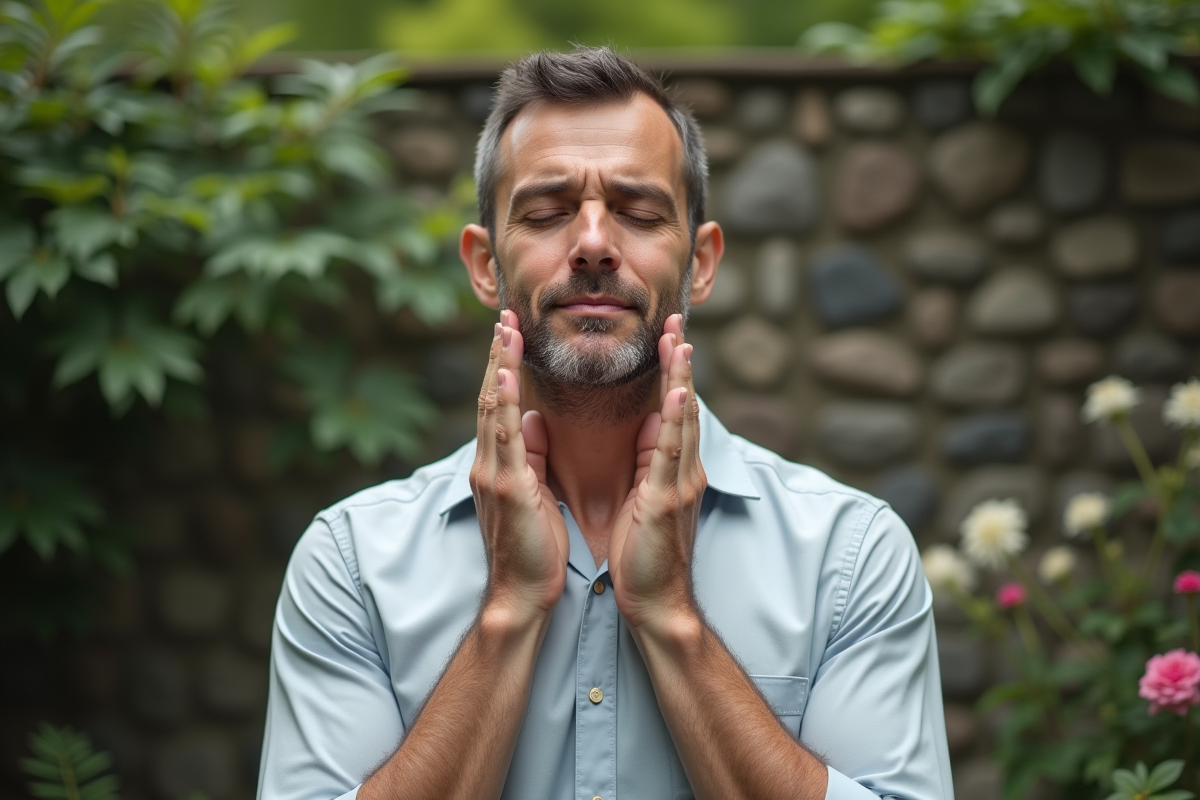 Homme pratiquant un exercice facial dans un jardin calme